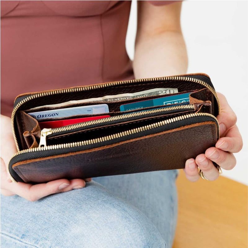 Portland Leather Goods Women's Handcrafted Full-Grain Leather Wallet - Large Capacity Expandable Accordion Zipper Wallet with 8 Card Slots, Golden-Tone Zippers & Coin Pocket, Durable Brown\u002FTan Handmade Women's Money Holder (Portland Brand