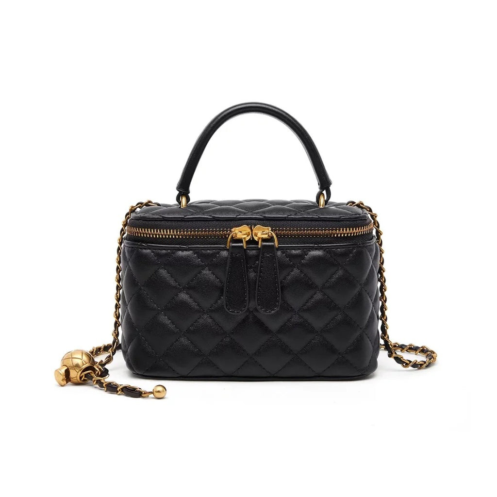 Luxury Women's Quilted Chain-Link Handbag - Synthetic Leather Black Shoulder Bag with Golden-Tone Hardware, Chain Strap & Snap Closure, Structured Tote for Everyday & Special Occasions, Versatile Elegant Purse