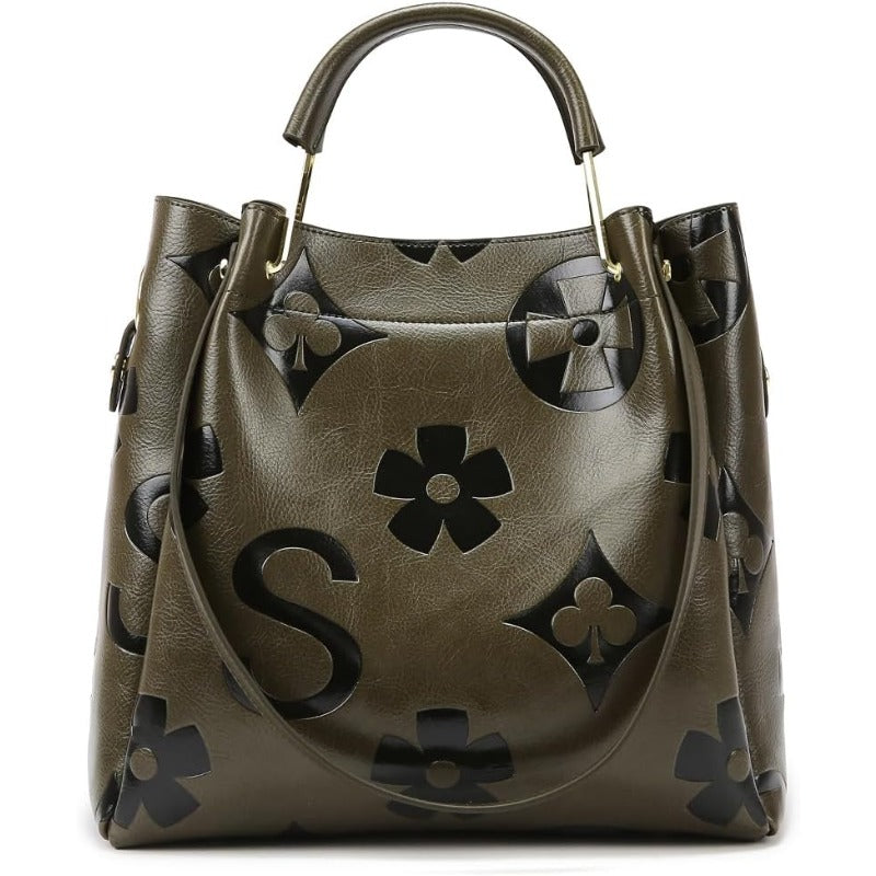 Women's Large Vegan Leather Bucket Bag Vintage Tote with Detachable Crossbody Hobo Handbag - Floral Embossed, Tablet-Fitting Capacity, Adjustable Strap & Multi-Pocket Organization, for travel,, Shopping ()