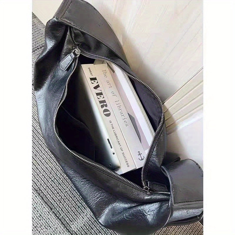 Vintage Distressed Tote Bag for Women - Oversized Casual Shoulder Bag with Zipper Closure, Large Capacity Purse for Spring, Work, Travel & Daily Use, Synthetic Fiber Material, Blac