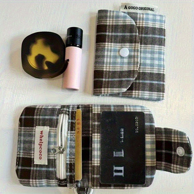 1 Women's Retro Card Wallet - Dark Coffee Plaid with Brown & Blue Pattern, Zipper Closure Compact ID & Card Holder, Minimalist Design for Everyday Essentials