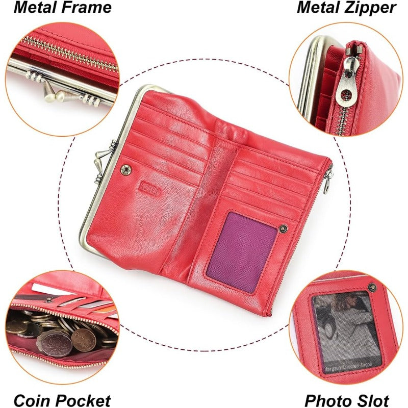 Women'S Vintage Full Grain Goat Leather Kiss Lock Wallet - RFID Blocking Zipper Closure, Red Clutch with Coin Purse, Multi-Compartment Organizer, Photo Holder & Card Slots, Machine Washable, Secure & Stylish Everyday Carry (Durable Non-Wove