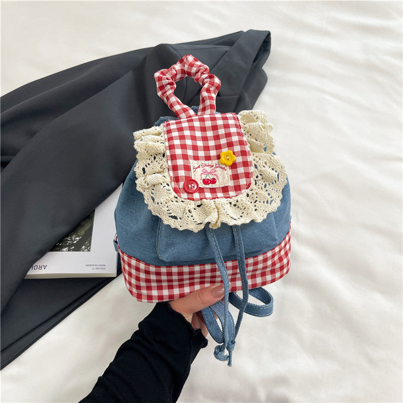 Sweet Lace Trim Backpack - Blue & Red Plaid Bag with Adjustable Strap, -Tone Hardware & Flag Charm-like Tag, Hand Washable Bookbag for, Christmas Gift (Turquoise\u002F Blue)