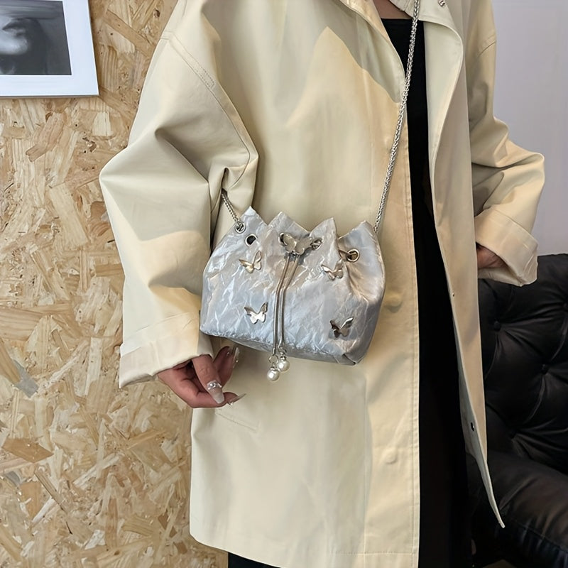 Fashionable Butterfly Crossbody Bag, Pleated Drawstring Butterfly Shoulder Crossbody Bag For Women, Small Chic Bucket Bag, Perfect For Work, Shopping, And Travel