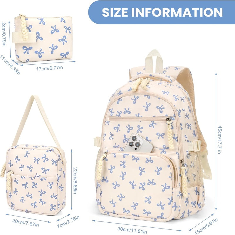 Bow Backpack for Women - Coquette Aesthetic Nylon Rucksack with Cute Kawaii Bow Pattern 3Pcs Set