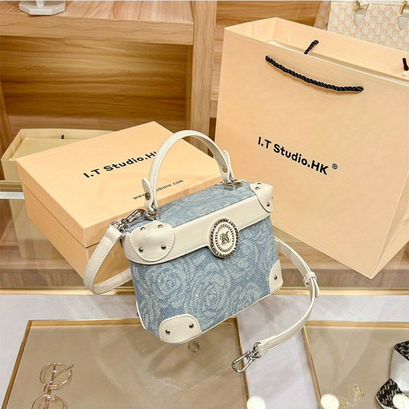 Style Decode Handbag for Women, Minimalist Bucket Bag, Lightweight Luxury Handbag with Magnetic Closure, Blue Cloud Pattern, Polyester Lining, Perfect for Casual & Office Use