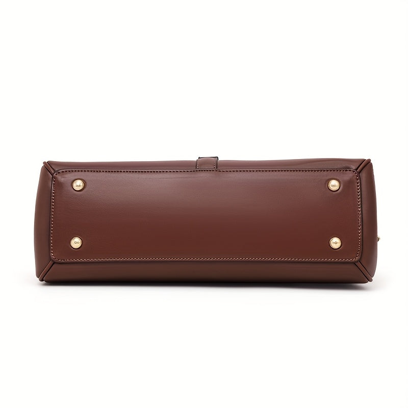 Women's Elegant Large Capacity Handbag - Sophisticated Convertible Clutch, with Golden-Tone Hardware, Zipper Closure, Structured design - Formal & Everyday Use - Available in Deep Brown\u002FBlack - Luxury Leather-like Women's Purse
