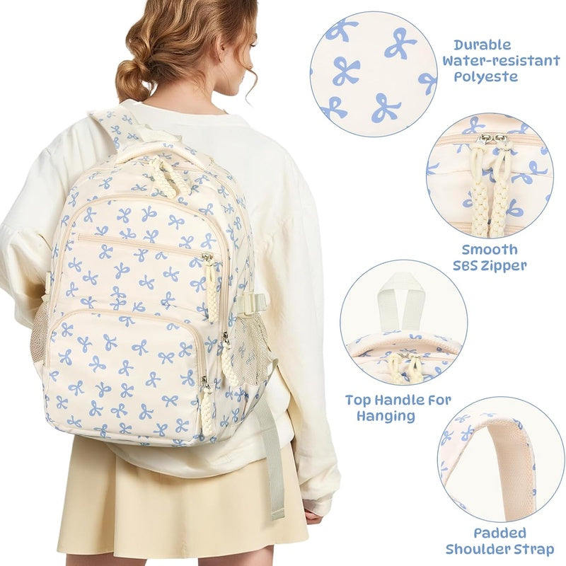 Bow Backpack for Women - Coquette Aesthetic Nylon Rucksack with Cute Kawaii Bow Pattern 3Pcs Set