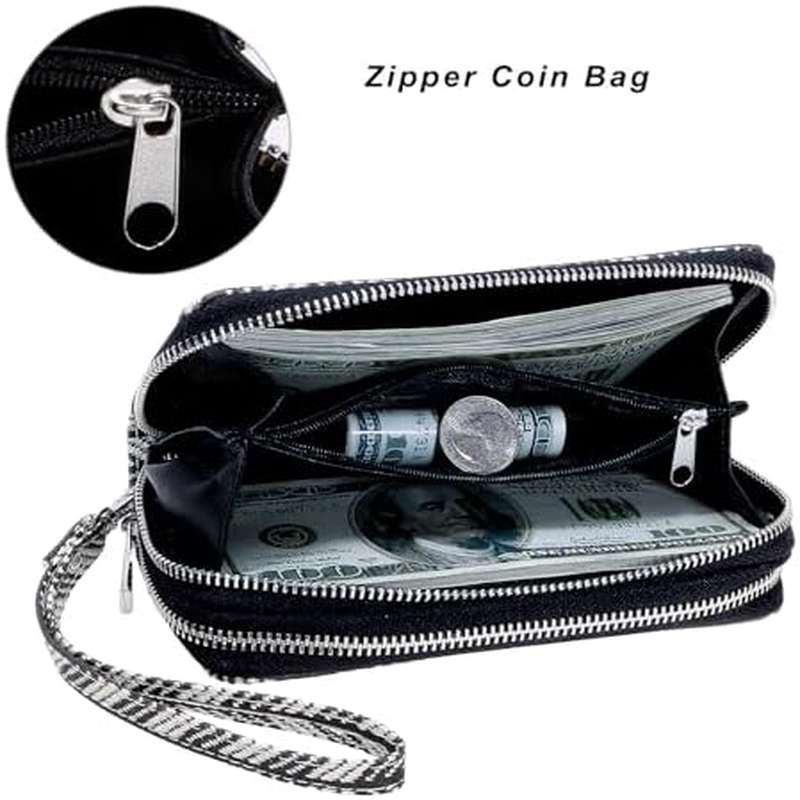 Double Zipper Wallet for Woman - Clutch Purse | Cell Phone Holder for Phone Card Coin Cash, Made of Linen