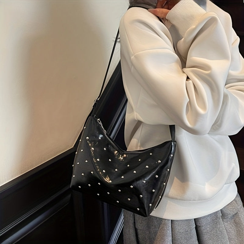 Women's Dumpling Bag with White Studs & Fringe-Free Strap - Cute -like Handbag, Zipper Closure Round Purse for Commuting,, - Black\u002FWhite Crossbody Bag (Casual & Professional)