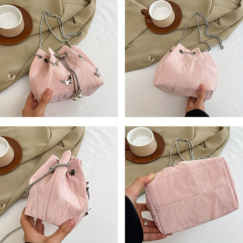 Fashionable Butterfly Crossbody Bag, Pleated Drawstring Butterfly Shoulder Crossbody Bag For Women, Small Chic Bucket Bag, Perfect For Work, Shopping, And Travel