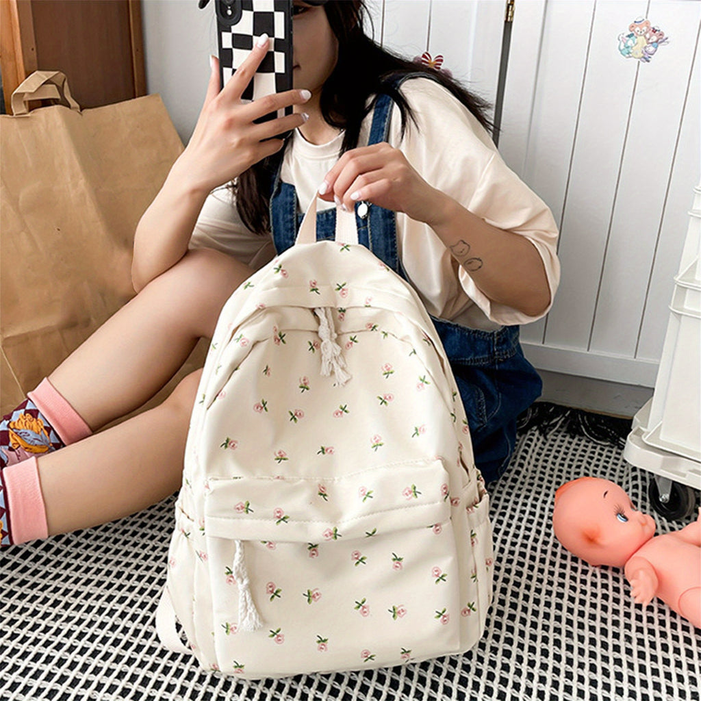 Women's Lightweight Canvas Backpack with Cute Floral Print - Soft Shell School Bookbag, Travel Daypack, Zipper Closure & Narrow Pockets, Machine Washable White, Travel Backpack