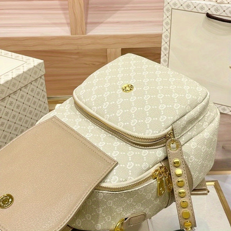 2025 New Women'S Light Luxury Backpack - Large Capacity, Adjustable Straps, Grid Pattern, Beige & Golden-Tone Hardware, Casual Travel & Everyday Use, Backpack for Travel, Stylish Backpack, Durable Zipper Closure