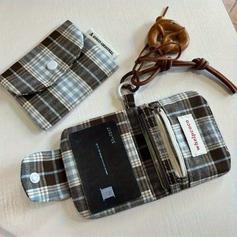 1 Women's Retro Card Wallet - Dark Coffee Plaid with Brown & Blue Pattern, Zipper Closure Compact ID & Card Holder, Minimalist Design for Everyday Essentials