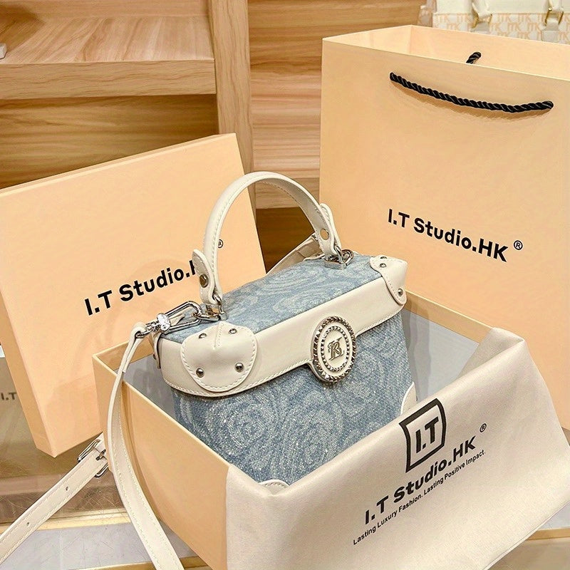 Style Decode Handbag for Women, Minimalist Bucket Bag, Lightweight Luxury Handbag with Magnetic Closure, Blue Cloud Pattern, Polyester Lining, Perfect for Casual & Office Use