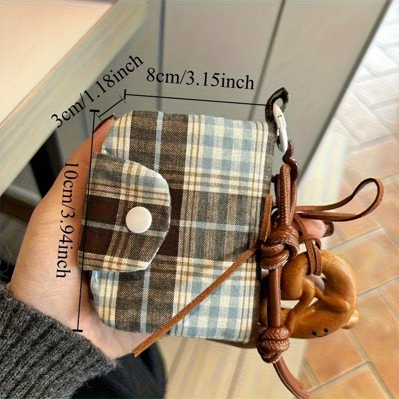 1 Women's Retro Card Wallet - Dark Coffee Plaid with Brown & Blue Pattern, Zipper Closure Compact ID & Card Holder, Minimalist Design for Everyday Essentials