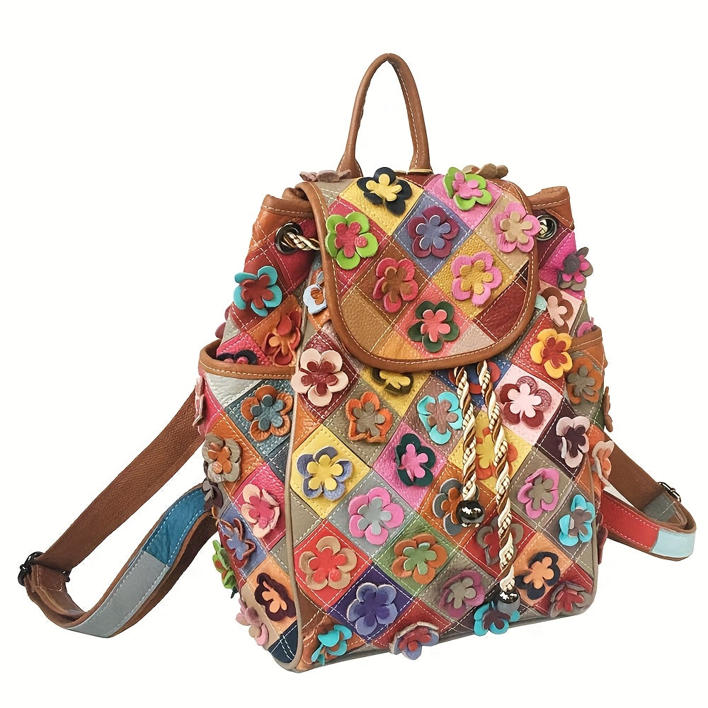 Women'S Bohemian Floral Backpack - Handmade Genuine Cowhide Leather Multicolor Flower Design with Adjustable Straps & Drawstring Closure, Vibrant Boho School Backpack for Travel, Festivals, Everyday Use - Durable & Spacious Main Compartment (No Hard