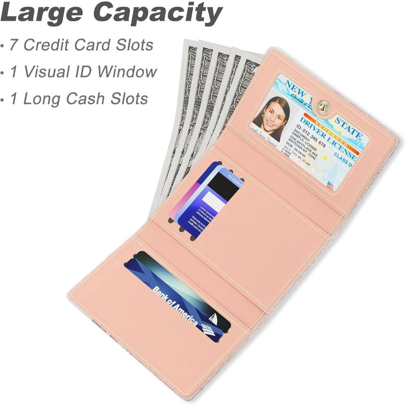 Women's Slim RFID Blocking Wallet - Pink Small Credit Card Holder with 7-Slot ID Window, Non-Washable Compact Purse for Cash & Cards, Slim Fit Everyday Carry