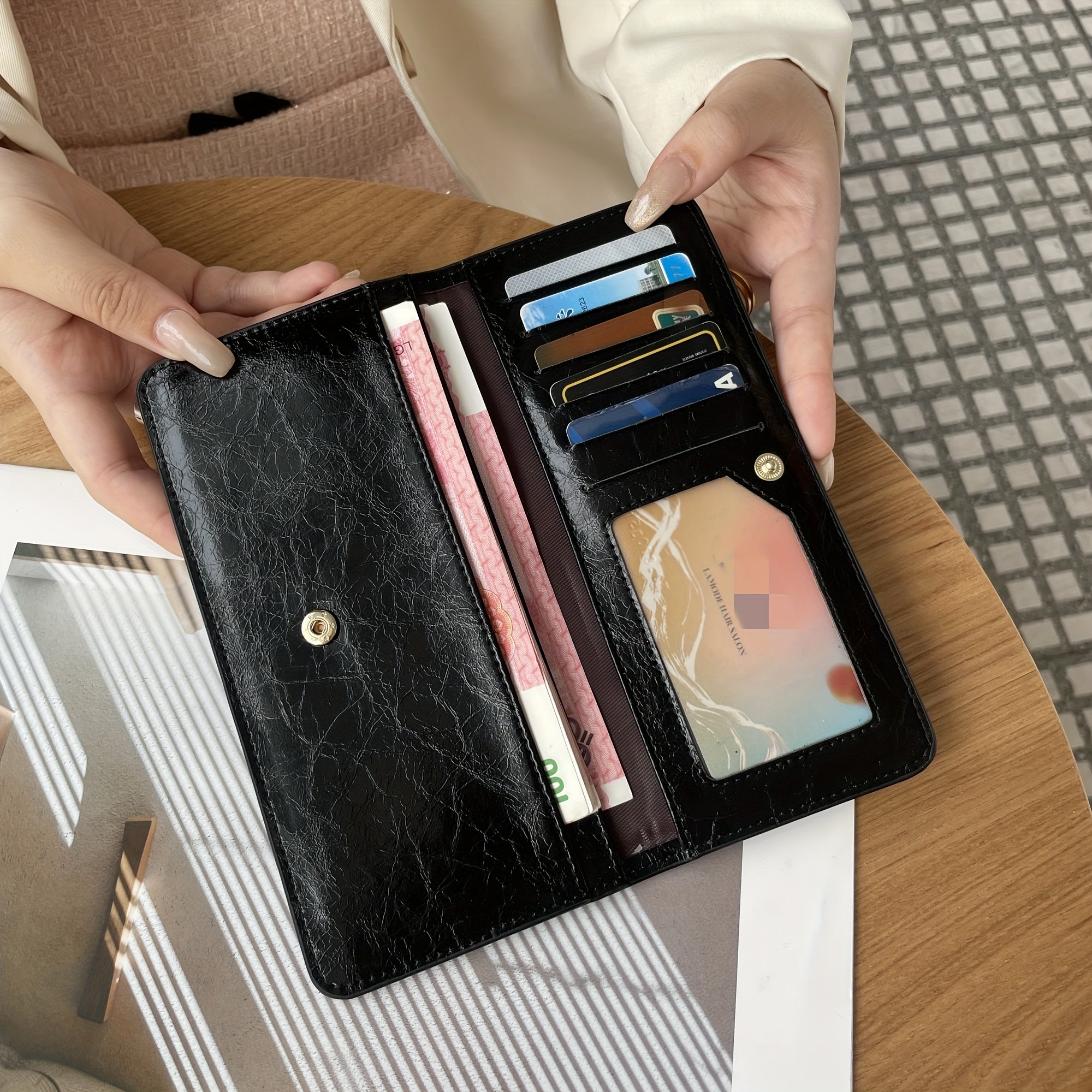 New Solid Color Genuine Leather Long Wallet with Card Slots and ID Holder, Portable Design for Everyday Use, Durable Structure, Snap Closure, Essential Travel Accessory, Trendy Men'S Style, Compact & Affordable, Wallet For Women