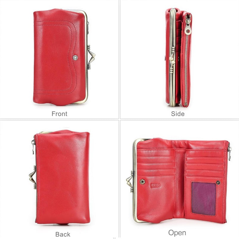 Women'S Vintage Full Grain Goat Leather Kiss Lock Wallet - RFID Blocking Zipper Closure, Red Clutch with Coin Purse, Multi-Compartment Organizer, Photo Holder & Card Slots, Machine Washable, Secure & Stylish Everyday Carry (Durable Non-Wove