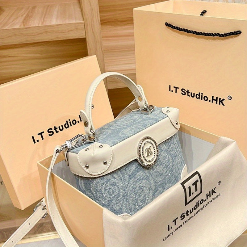 Style Decode Handbag for Women, Minimalist Bucket Bag, Lightweight Luxury Handbag with Magnetic Closure, Blue Cloud Pattern, Polyester Lining, Perfect for Casual & Office Use