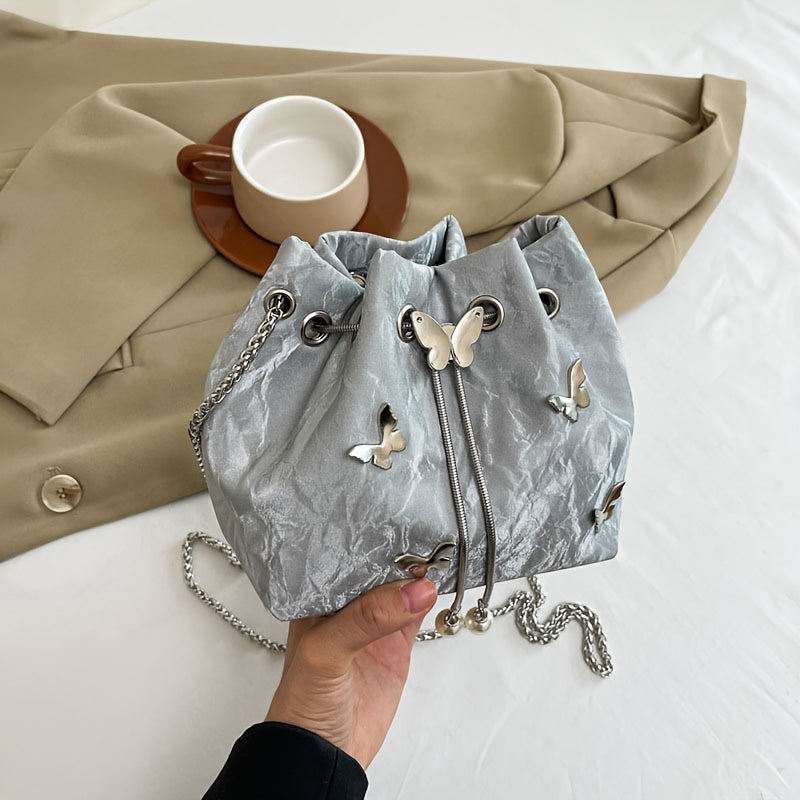 Fashionable Butterfly Crossbody Bag, Pleated Drawstring Butterfly Shoulder Crossbody Bag For Women, Small Chic Bucket Bag, Perfect For Work, Shopping, And Travel