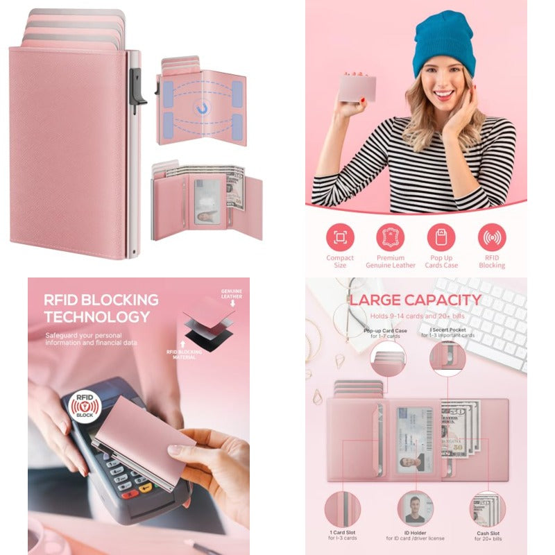 Womens Wallet Card Holder: Pop Up Card Case Genuine Leather RFID Blocking Slim Minimalist Thin Small Size 13 Card Capacitiy ID Window Cash Pocket Pink